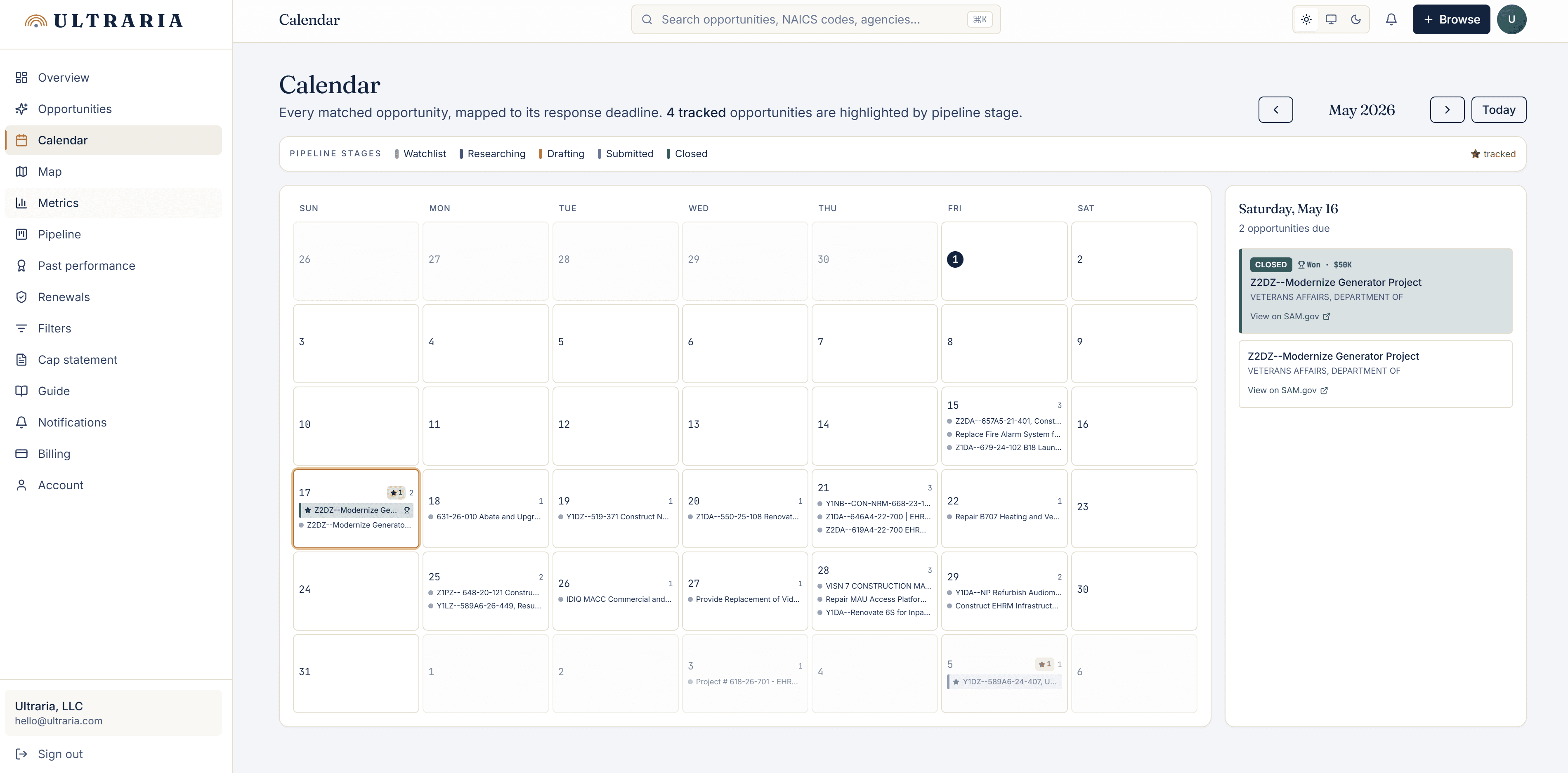 Ultraria dashboard Calendar tab