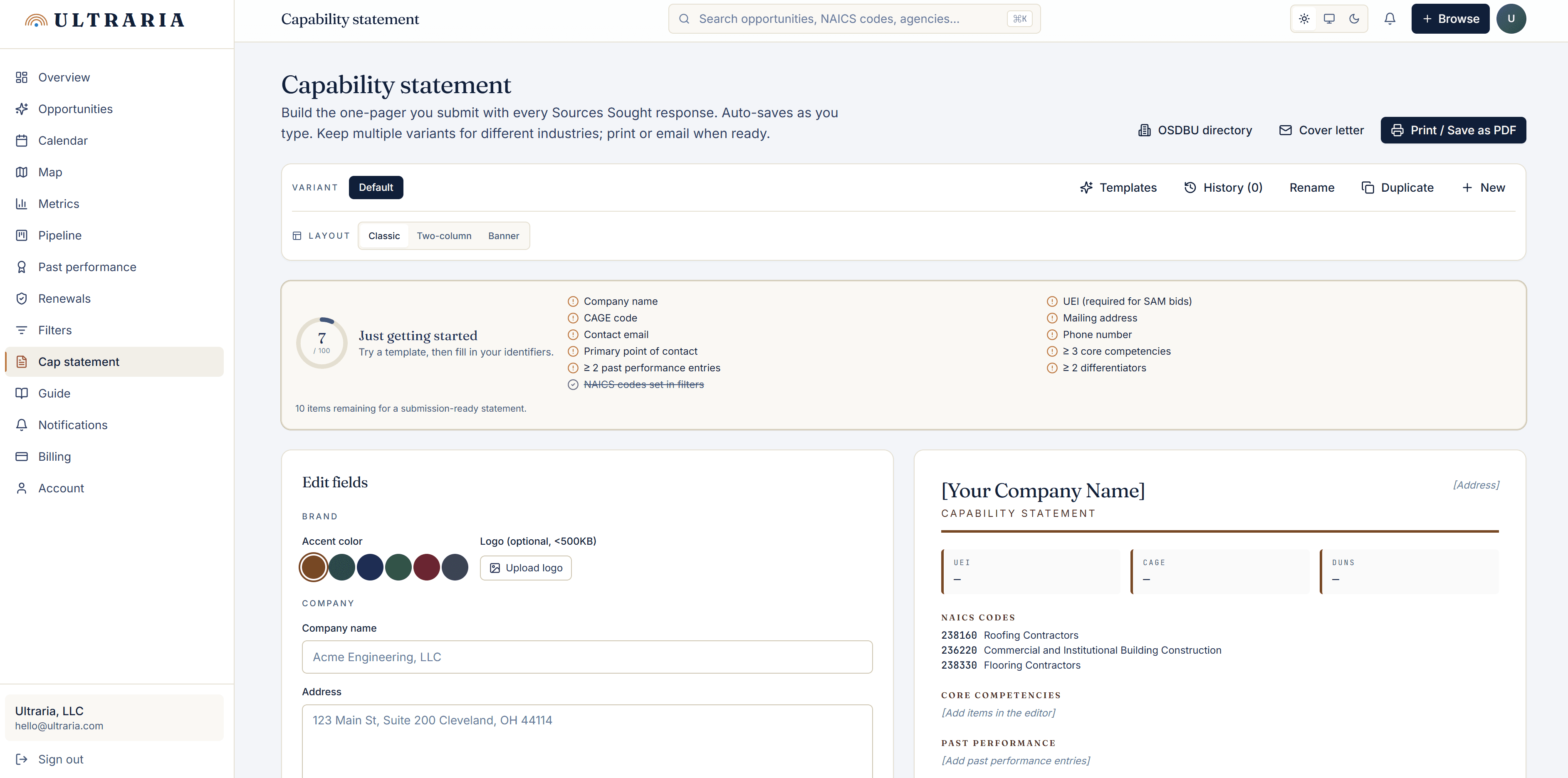 Ultraria dashboard Capability statement tab