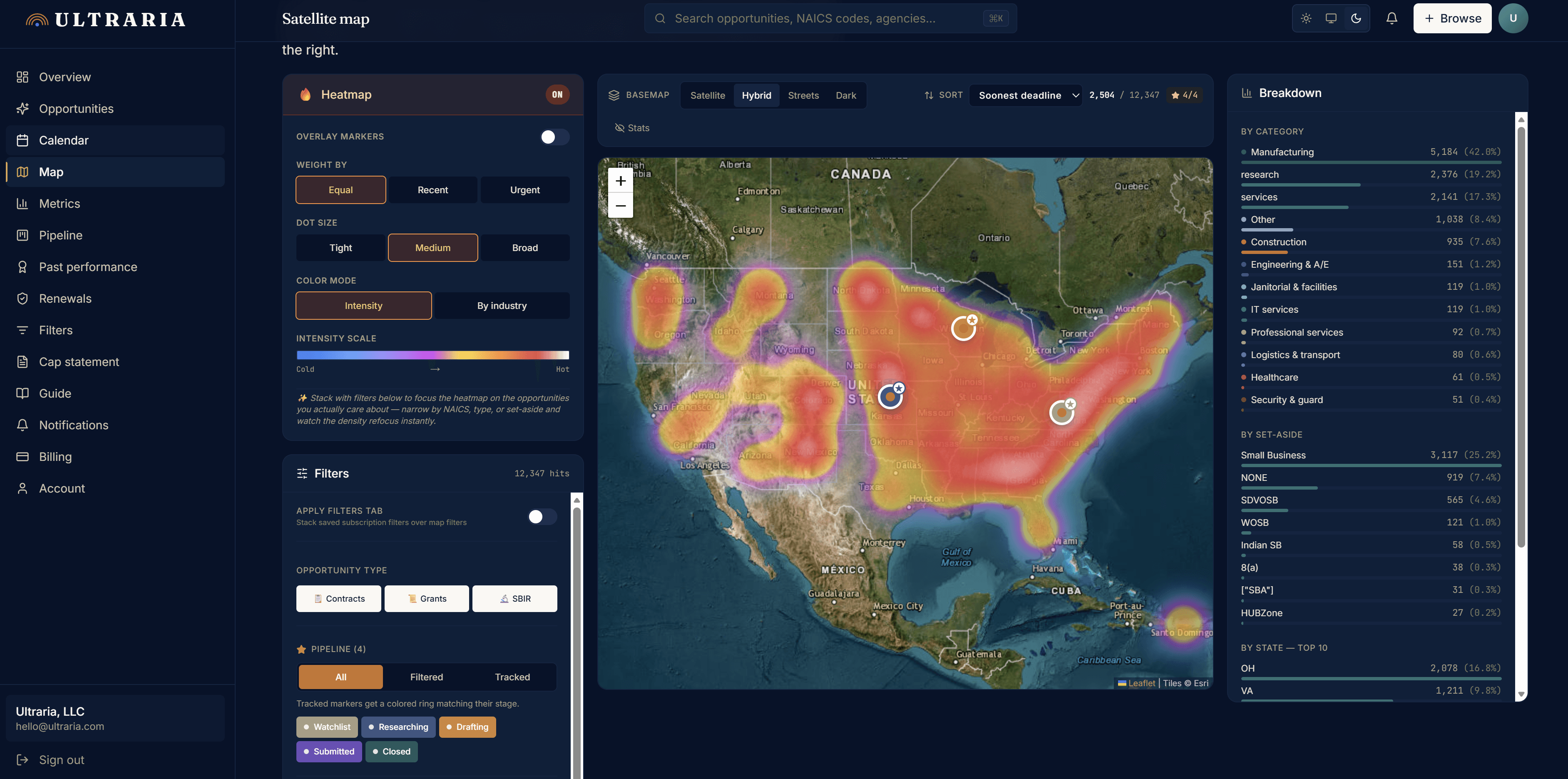 Ultraria dashboard Map tab in dark heatmap mode