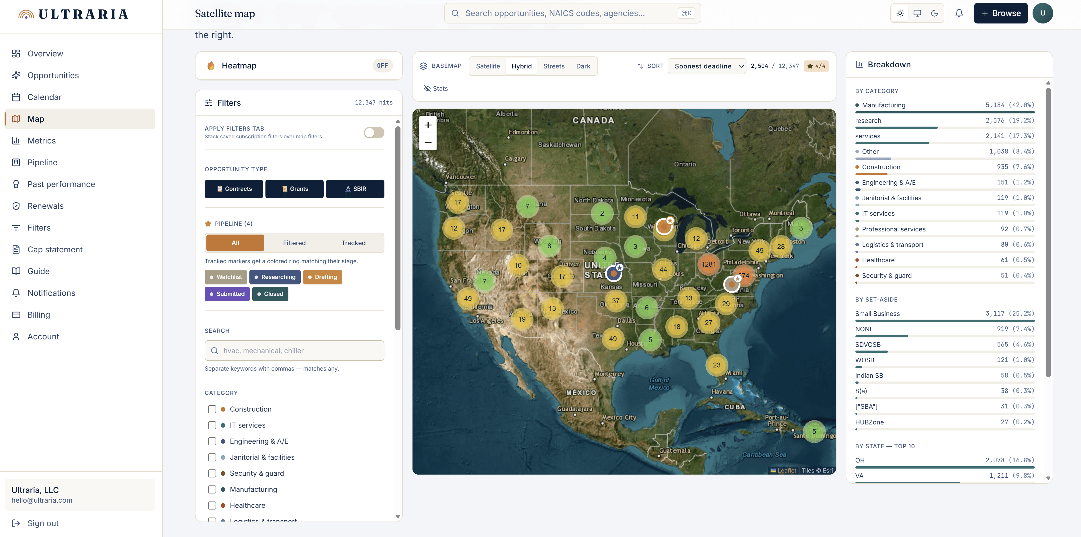 Ultraria dashboard Map tab — satellite basemap with cluster markers across the US, filter sidebar on left, breakdown panel of category counts on right